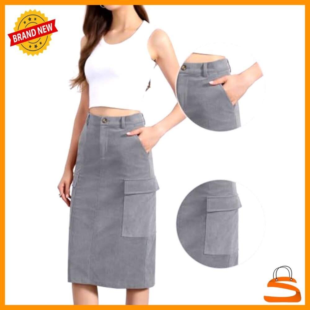 Corduroy Cargo Skirt High Waisted Elastic Back Midi A-Line Retro Chic - Picture 4 of 5